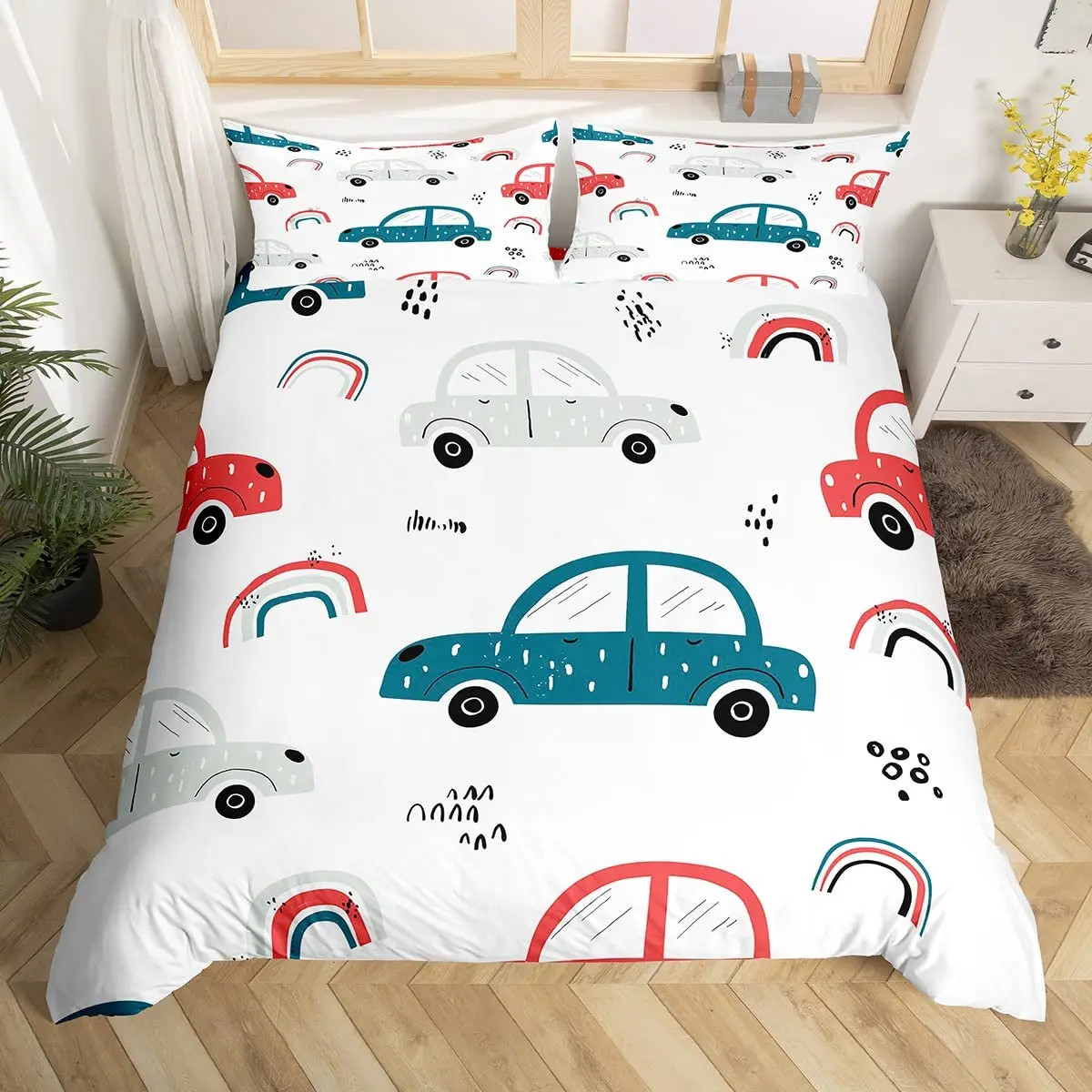 

Пододеяльник с рисунком автомобиля King Size Очень большое красочное автомобильное постельное белье для малышей, детей, подростков 1, пододеяльник, 2 наволочки, без одеяла
