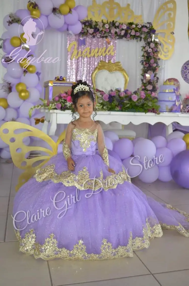 Vestido roxo dourado com apliques de flor para casamento, personalizado com laço até o chão, festa de aniversário infantil, vestido de primeira comunhão