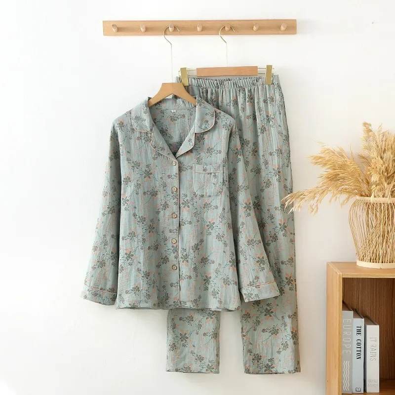 Frühling Herbst neue Damen Damen Pyjamas Set Vintage Blume bedruckte Baumwolle Turn-Down-Kragen Langarmhose Hauskleidung