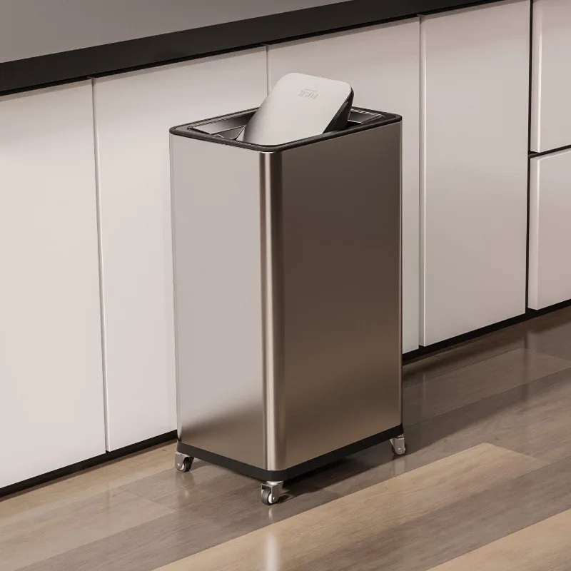 

Minimalist Stainless Steel Trash Can Rolling Garbage Bin for Kitchen High Capacity Waste Container Premium Metal Recycle Bucket