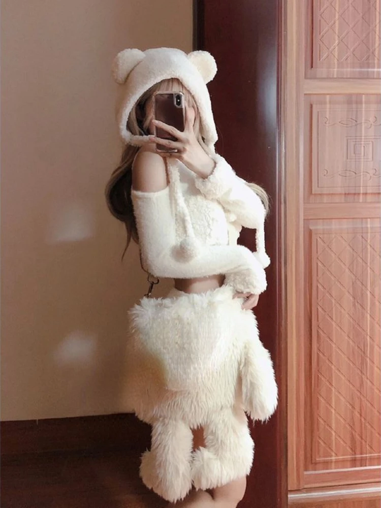 2023 Winter Kawaii Fashion 3 Piece Set Japanese Style Warm Suit Woman Casual Blouse + Y2k Mini Skirt + Cute Hat Solid Clothing