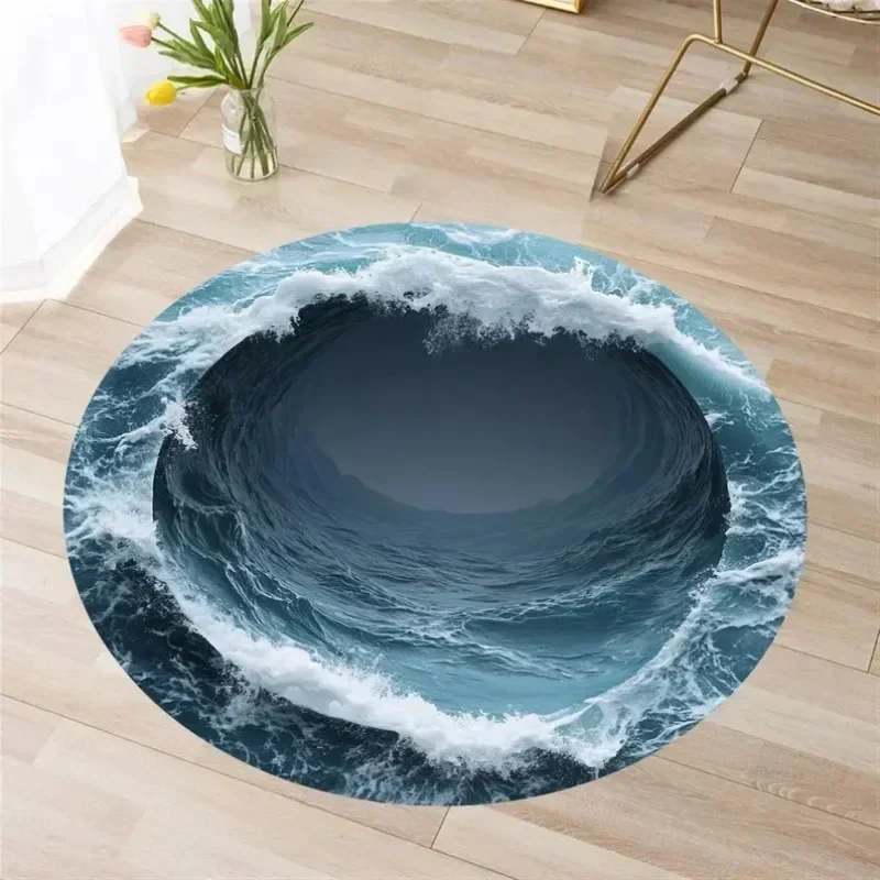 ~O~3D Optical Illusion Crack & Vortex Round Carpet – Deep Hole Design Non-Slip Floor Mat for Bedroom, Sofa, Bedside Leisure Area