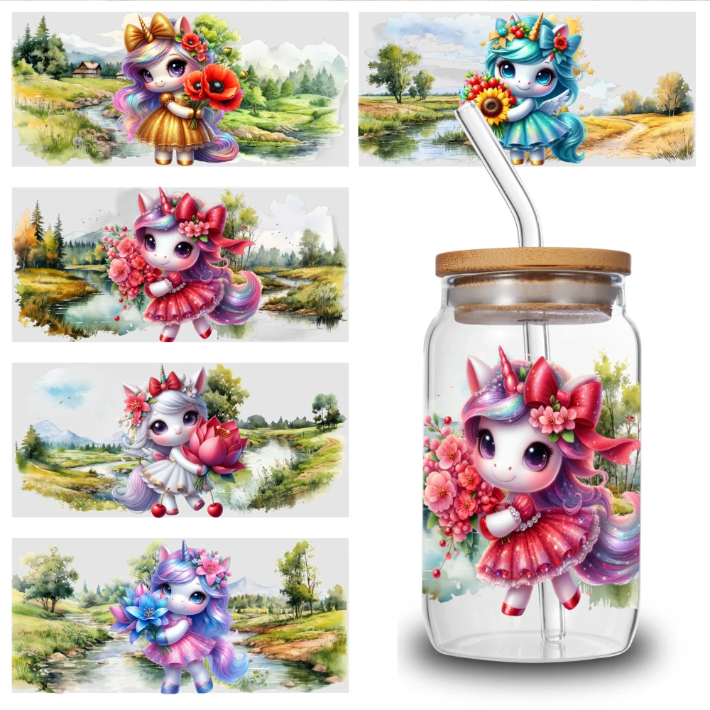 5 Sheets Unicorn Floral Pattern UV DTF Stickers Plastic Self-Adhesive Labels Waterproof Rub on Transfers Suitable for 16 oz