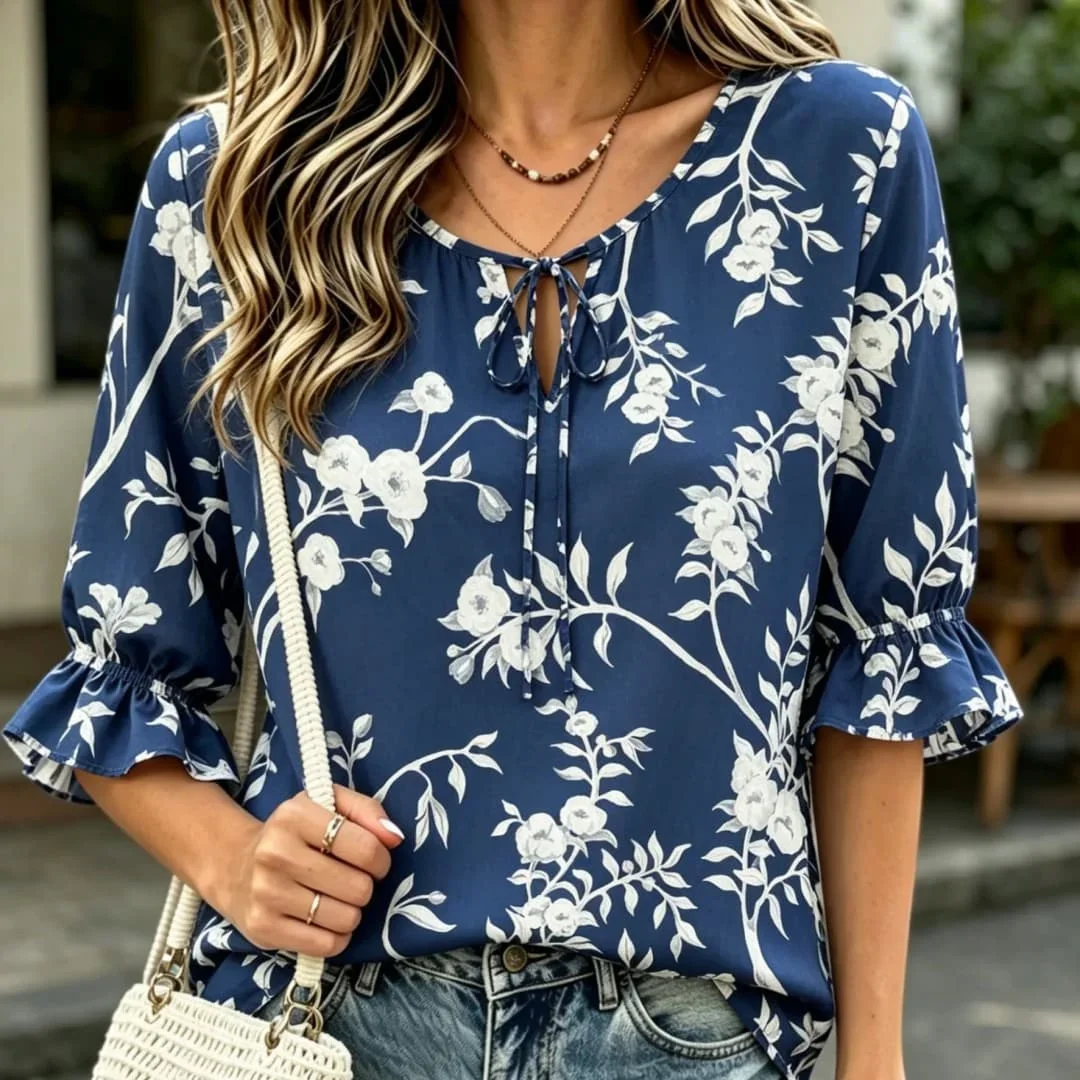 

Navy Blue White Floral Print Blouse Ruffle Half Sleeve Tie Neck Casual Loose Fit Summer Shirt for Women