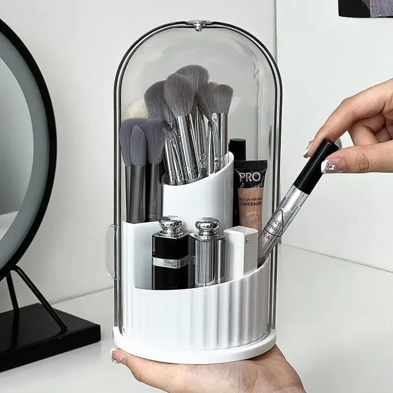 Makeup Brush Holder Organizer 360° Rotating Cosmetic Organizer with Lid Desktop Makeup Organizer Lipstick Eyebrow Pencil Holder