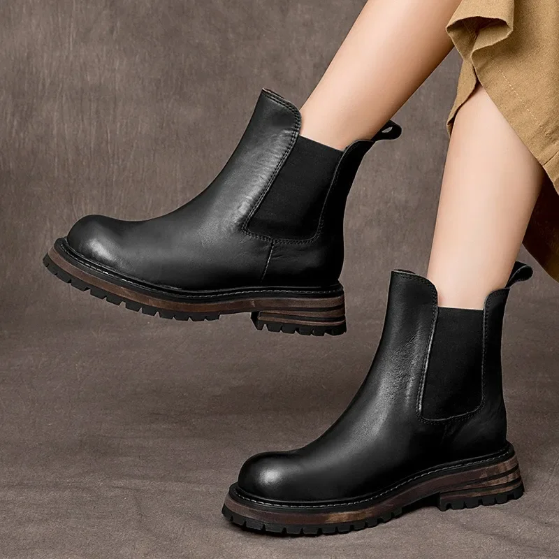 

Birkuir Thick Heel Women Chelsea Boots Slip On 3.5cm Platform Short Boots High Top Shoes Genuine Leather Slip On Ankle Boots