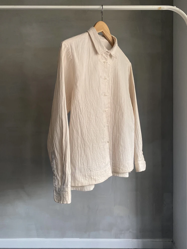 

Оригинальная женская блузка из чистого хлопка с длинными рукавами, неотбеленная, свободного кроя, с текстурой, плиссированная, на пуговицах, удобная посадка