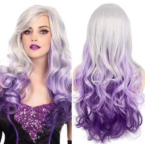 Synthetic Hair Long Curly Wavy Silver Grey to Purple Wig Side Part Cosplay Wigs for Women Halloween Wig