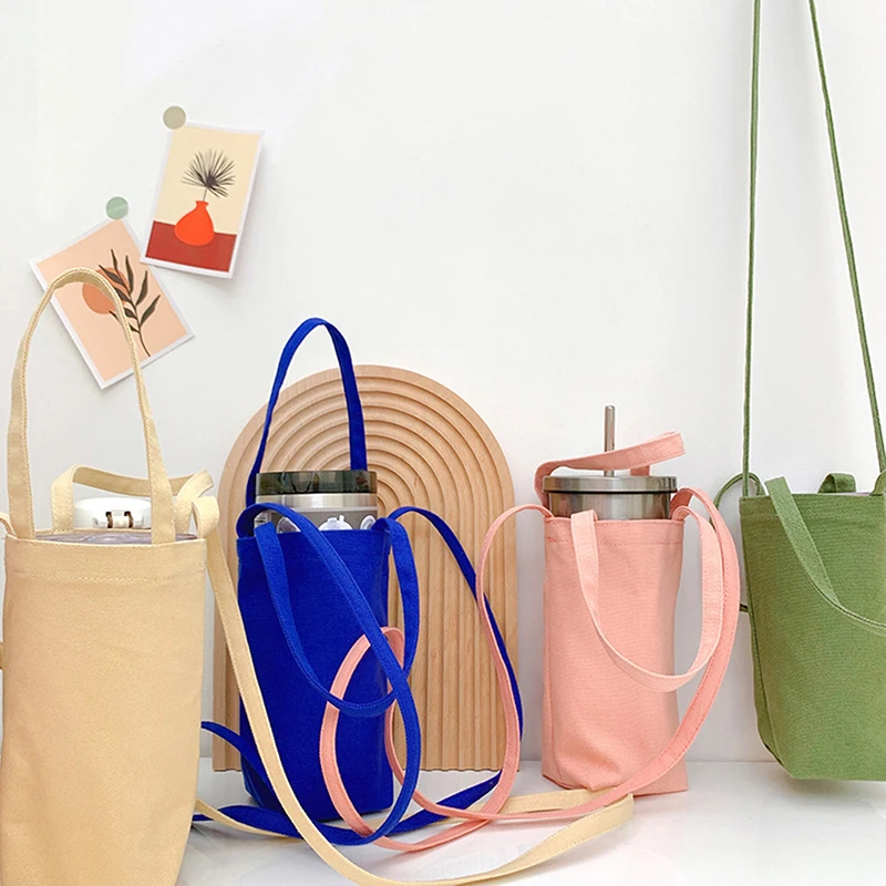 Water Bottle Bag Crossbody Simple Solid Color Cup Protector Portable Canvas Protective Sleeve With Strap Bottles Holder