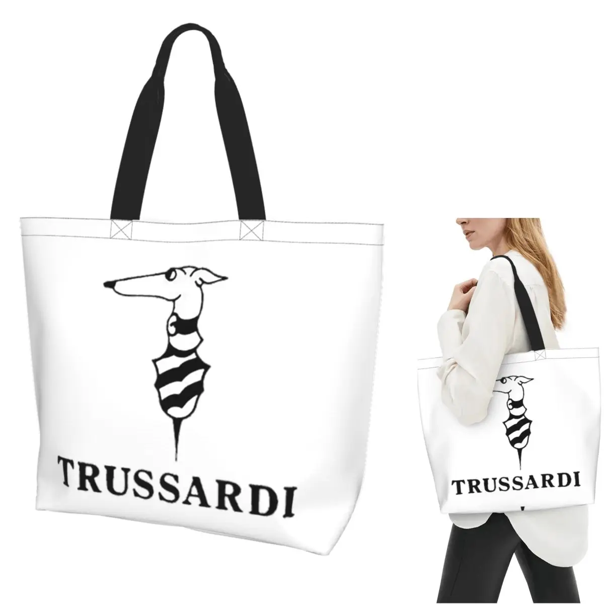 Trussardis Logo Shopping Tote Bag Canvas Large Capacity Shoulder Bags Shopper Grocery Handbag for Women