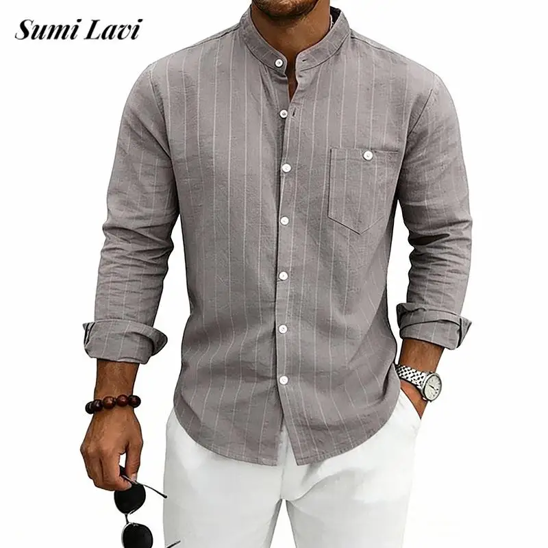 

Stylish Mens Striped Linen Shirt Tops 2026 Spring New Casual Button-up Stand Collar Shirts Men Fashion Long Sleeve Linen Shirts