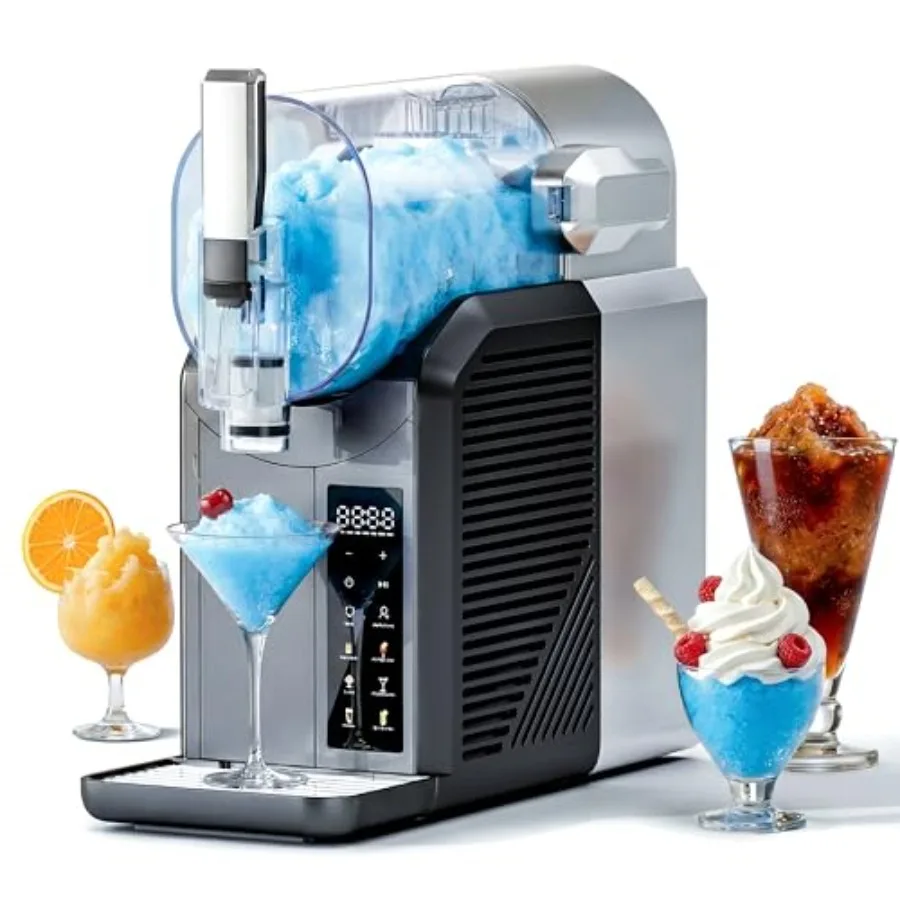 Slushie Machine for home and party use, stainless steel body, blue LED display, 6 preset programs, no ice needed, 2L/68oz capac