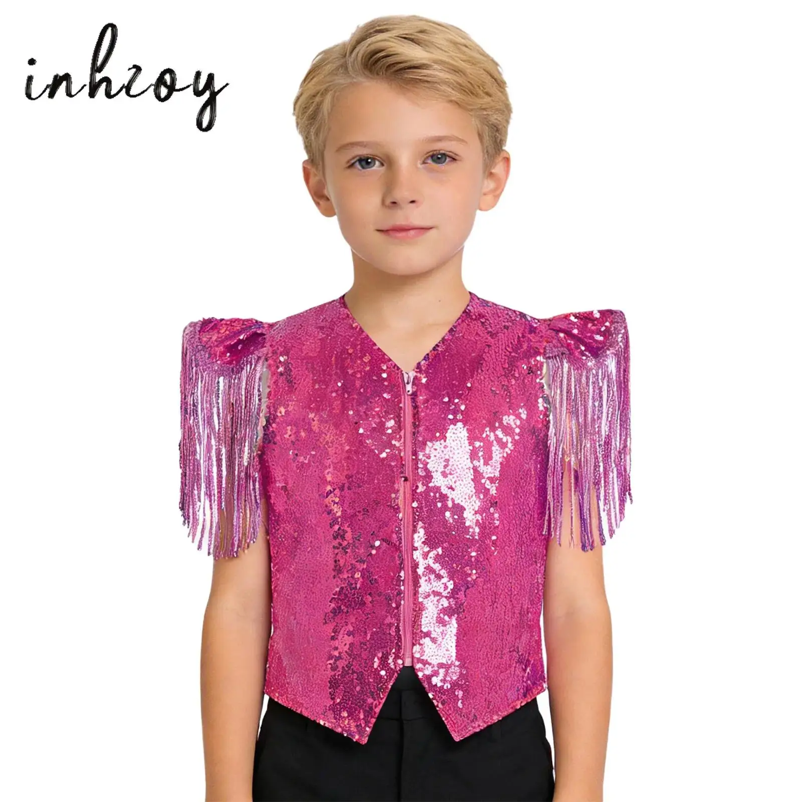 Kids Girls Boys Hippie Fringe Waistcoat Disco Jazz Modern Dance Clothes Tassel Sleeveless Sequins Vest Choir Performance Clothes