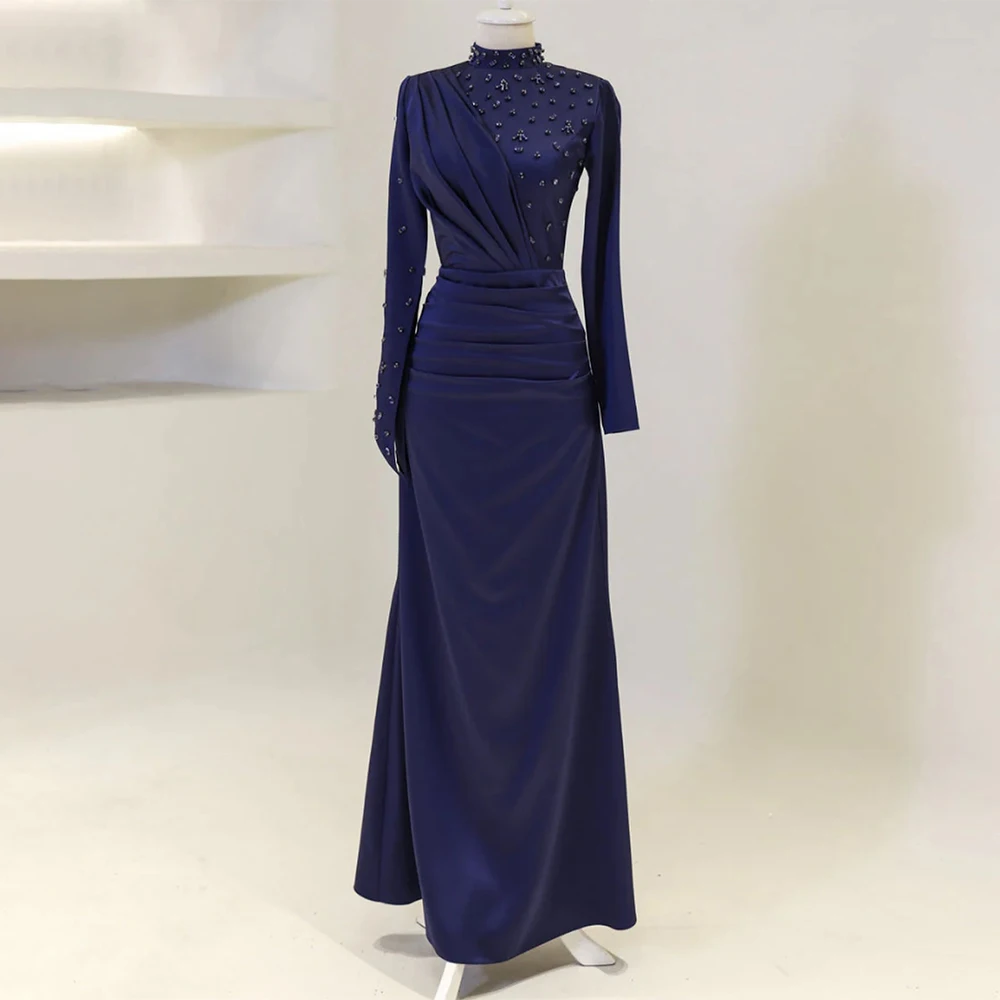 

Luxury Wedding Party Dresses Navy Blue Satin High Collar Modest Formal Gowns Crystal Long Sleeves Mermaid Women's Evening Dress