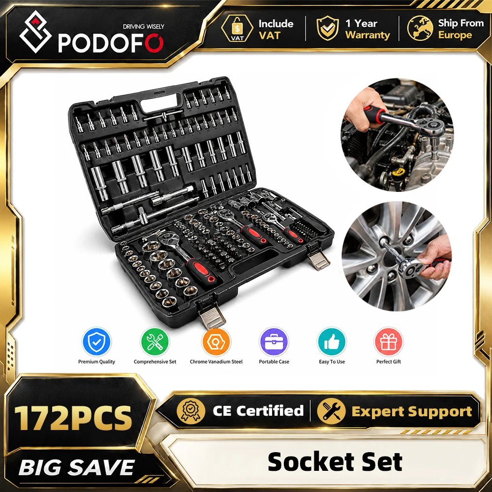 Podofo 172-teiliger 24-Zahn-Ratschenschlüssel-Steckschlüsselsatz 1/2" 1/4" Antrieb Steckschlüssel Bits Adapter Werkzeugkasten Sechskant Schlitz PH PZ TX Schraubendreher-Bits, Mechaniker Auto LKW