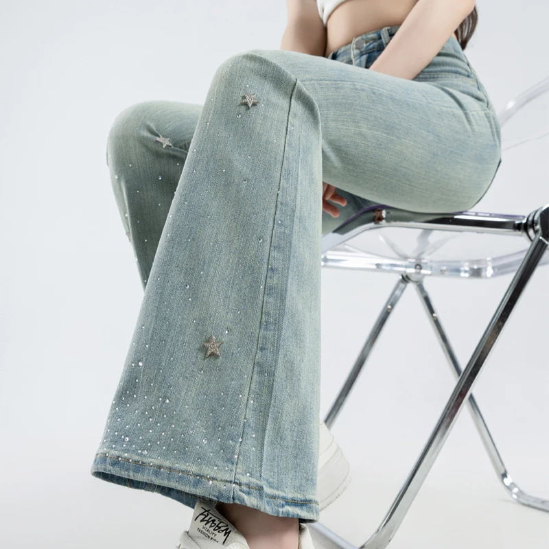 

Vintage Rhinestone Boot-Cut Jeans Women Slim-Fit Bodycon High Waist Denim Pants Streetwear Y2K Casual Trousers 2024 New Jeans