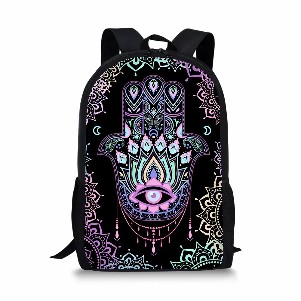 Sacos escolares impressos à mão para crianças, mochila de grande capacidade para adolescentes, bolsa de viagem casual para menino e menina, Fátima Hamsa, bolsa de estudante