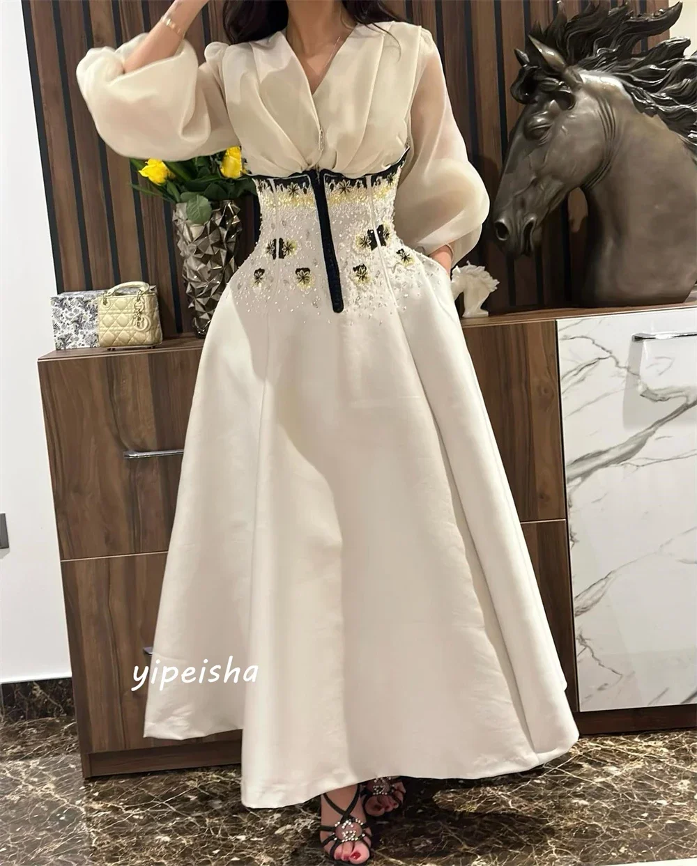 Customized Satin Applique Draped Wedding Party A-line V-Neck Bespoke Occasion Gown Long Sleeve Dresses Saudi Arabia