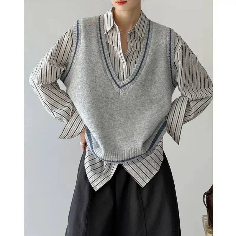 

Autumn Color-Block Sweater Vest Women V-Neck 6% Wool Loose Sleeveless Knitted Tops