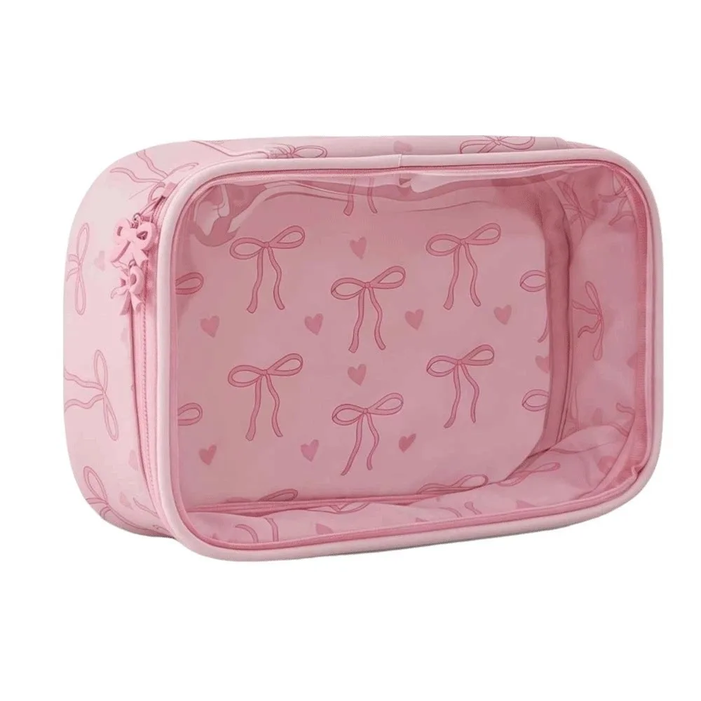 Clutch Pouch Transparent Makeup Bag PU Leather Waterproof Clear PVC Handbag Large Capacity Pink Bow Swimming Small Bag Daily