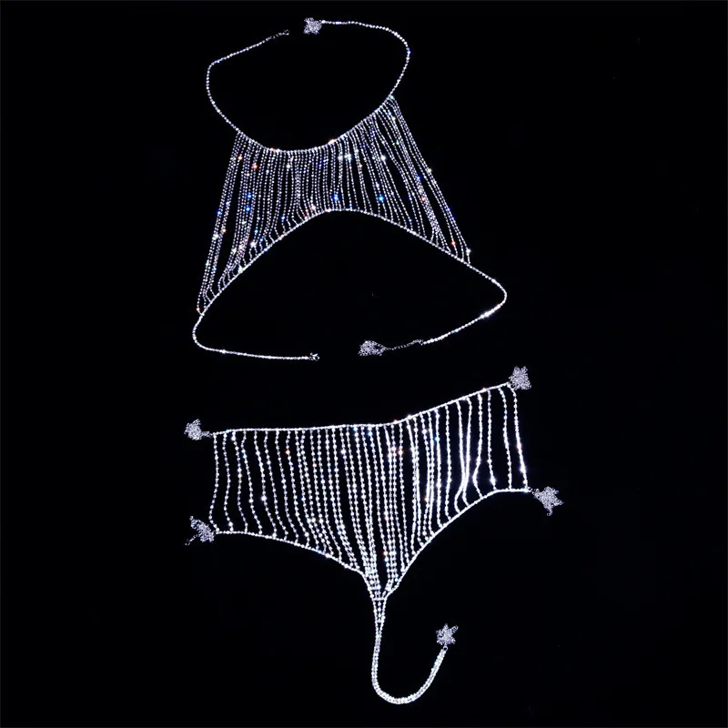 Sexy Körperkette Bikini BH Kette Dreipunkt Tanga Anzug Strass Fransen BH Kette Strand Outfit Lendenkette Körperschmuck