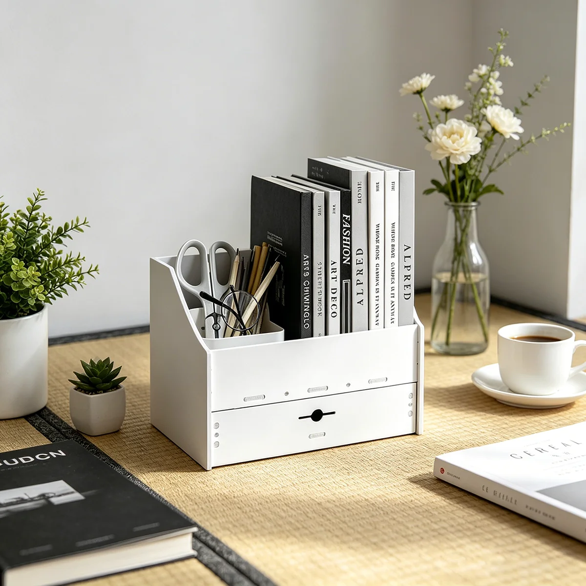 White Multi-Desk Organizer with Drawer, Multi-Compartment Storage Box for Stationery, Cosmetics & Office Supplies
