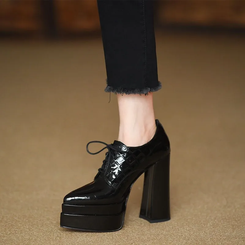 

12CM Women Patent Leather Platform Black Fashion Loafers Gothic Black High Heels Pumps Woman Design Pointed Toe Shoes