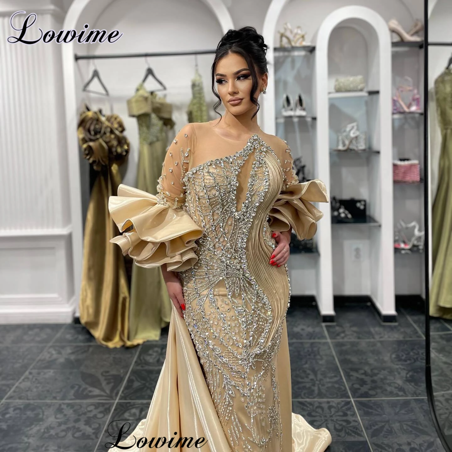 Zweiteilige Champagner-Abendkleider mit Umhang, langen Ärmeln, Kristallen, Promi-Kleider, Partykleider, Robes de Soirée, individuell gestaltet