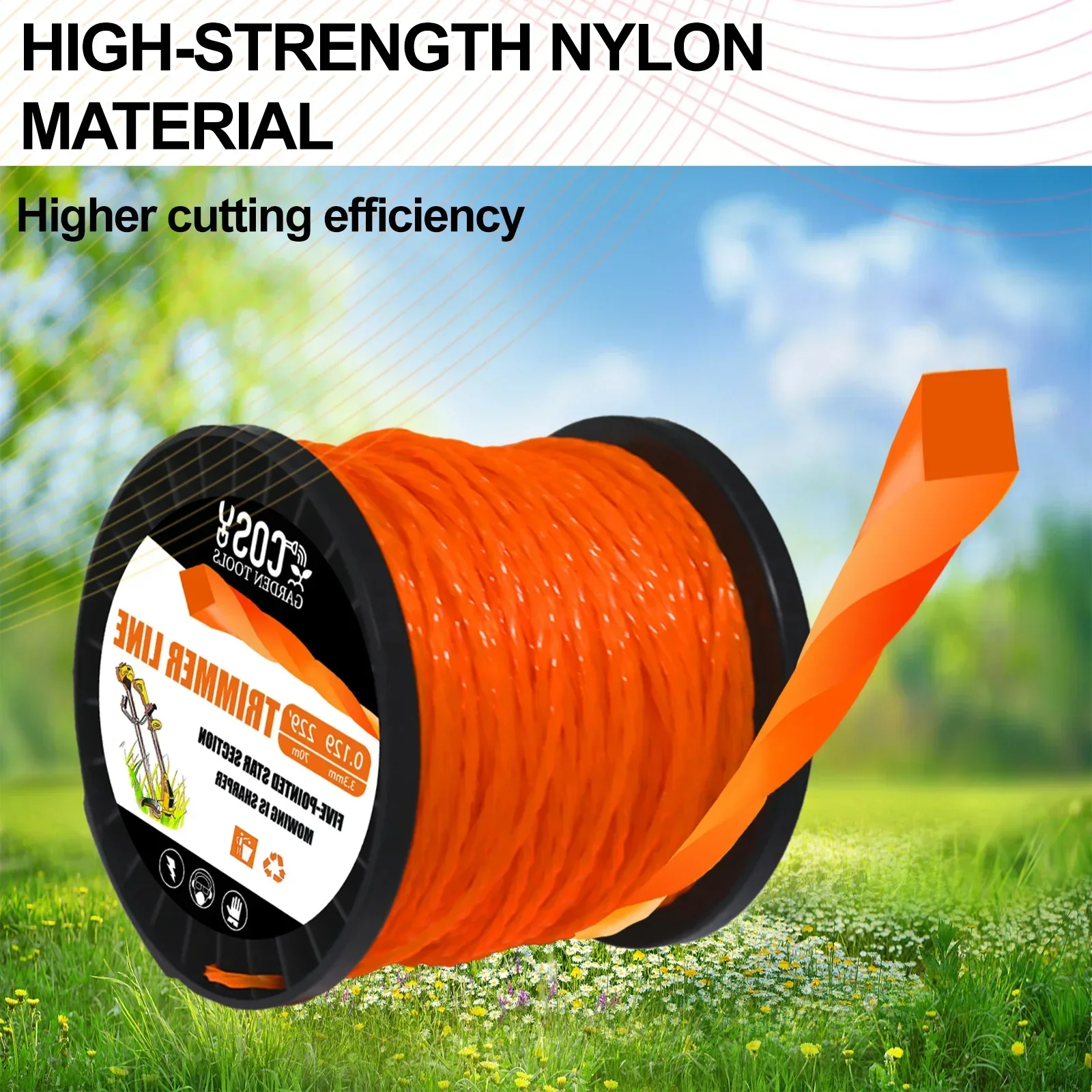 2.0/2.4/2.7/3.3/4.0mm Spiral Grass Cut Strimmer Line Graphite Filling Cord Nylon String Lawn Mower Orange Twisted Shape Line