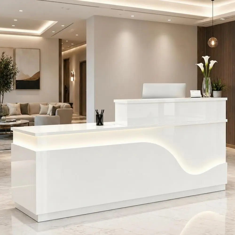 

71 White Glossy Front Desk with LED Lights, Lockable Drawers & Cabinet, Higher Side Counter for Keyboard