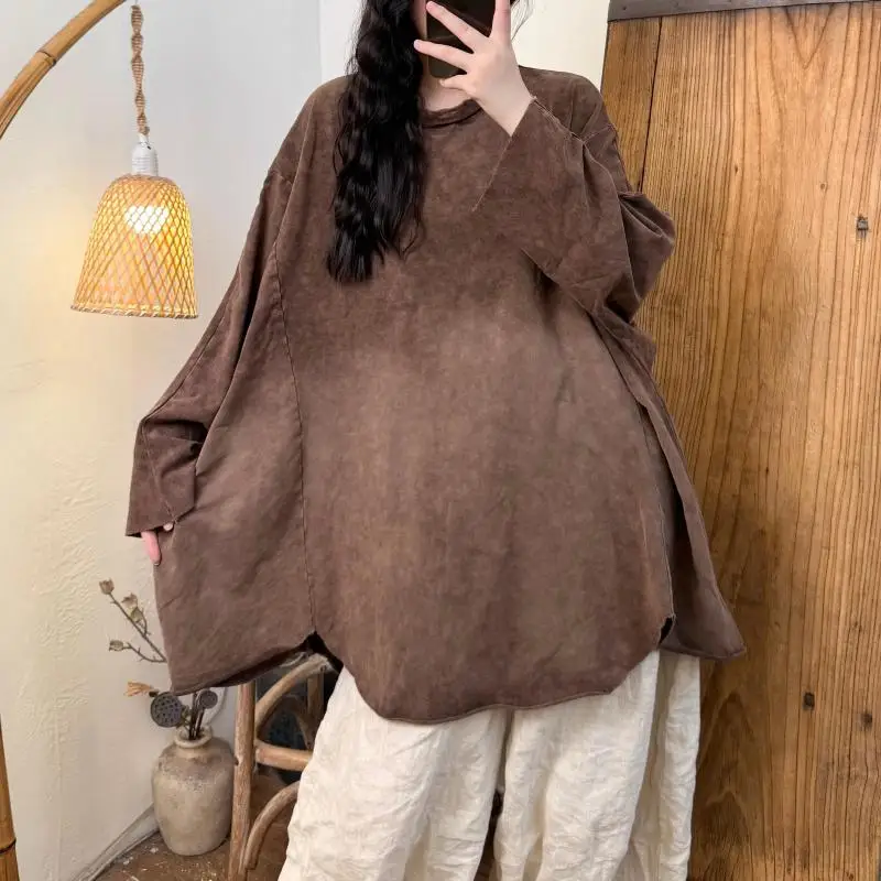 

Autumn Arts Style Women O-neck All-matched Casual Long T-shirt High Quality Asymmetrical Loose Vintage Tops Tees Good Quality