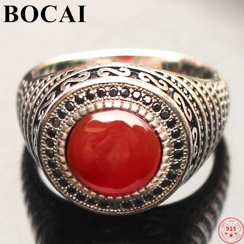 BOCAI S925 Sterling Silver Rings 2022 New Fashion Middle Eastern Wide Red Agate Solid Argentum Viking Jewelry for Men Women