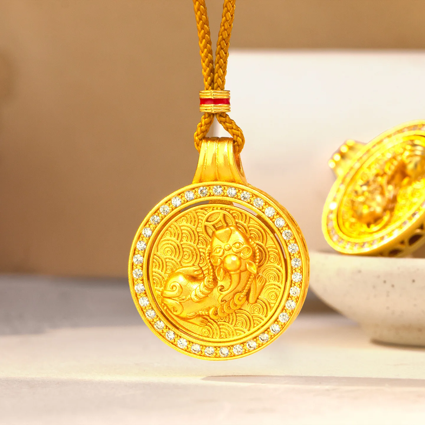 Luxury 24K 9999 Pure Gold real gold Women's Diamond Pi Xiu Compasses Rotatable Pendant Necklace