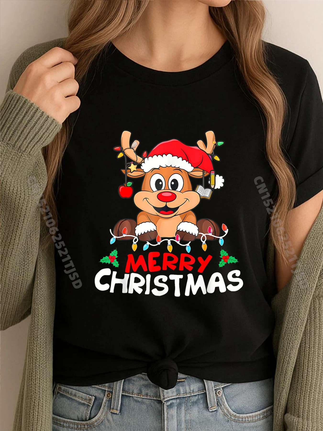 

С Рождеством Олень Рождественские огни Семейная футболка Grpahic Футболка потертого большого размера в стиле хип-хоп