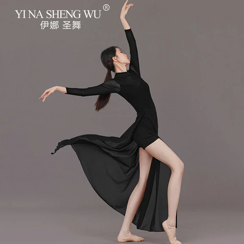 Damski strój do tańca, długi rękaw, klasyczny chiński strój ludowy, kostium do tańca, strój do egzaminów artystycznych, strój do ćwiczeń, długa spódnica z wysokim rozcięciem.