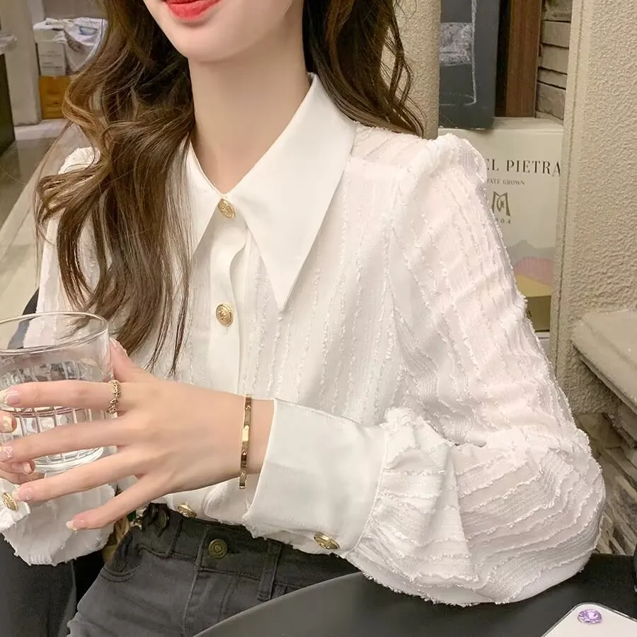 Primavera otoño mujer camisa de manga larga Oficina señora elegante camisa Base blanca blusa nueva 2025 invierno mujer camisa de lana cálida