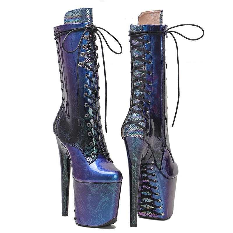 Leecabe 20CM/8Inch shinny Snakeskin material lace up sole and upper High Heels Pole Dance boot