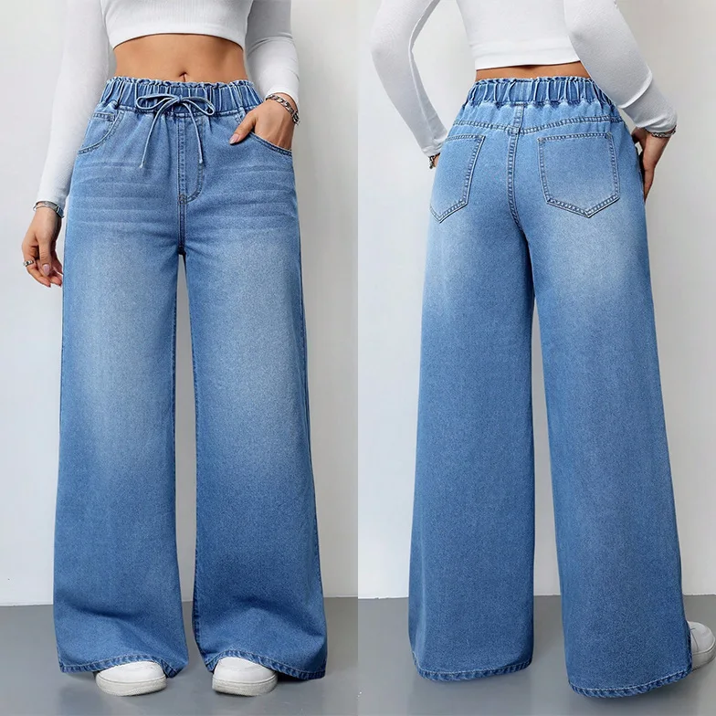 Wide Leg Pants Jeans Women Washed Denims Elastic Waist Lace Up Distressed Vintage Streetwear Female Full Length Loose Trousers