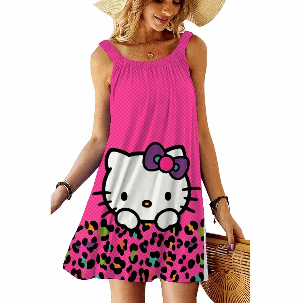 Vestidos estampados de Hello Kitty para mujer, vestido informal holgado de algodón con tirantes finos para playa, vestido bohemio 2023