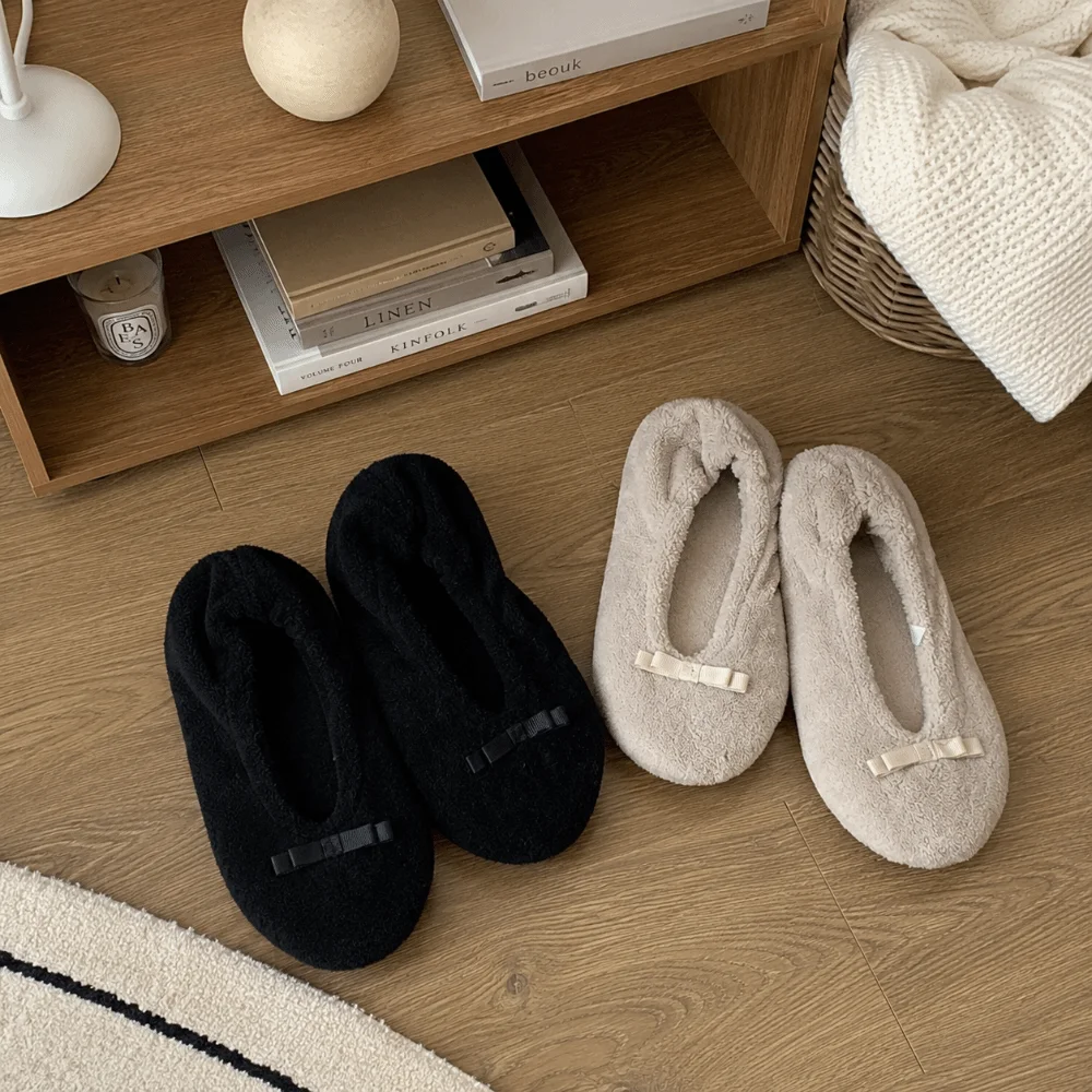 Closed Back Women House Slippers Soft Bow Decor Indoor Floor Shoes Washable Non-Slip Rubber Sole Warm Home Footwear Bedroom Use