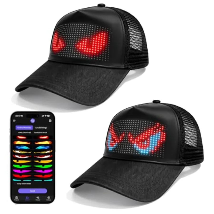

Яркие LED-кепки с полноцветным LED-дисплеем, умные LED-кепки с программируемым отображением, настраиваемые LED-кепки с управлением через Bluetooth-приложение.