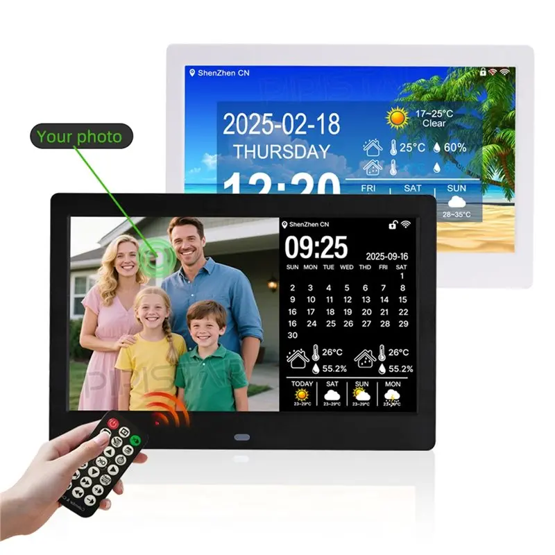 ABQU 10 Inch WiFi Digital Photo Frame Calendar Clock, Smart Weather Forecast Alarm Clock with Remote Control, Wall Mounted for