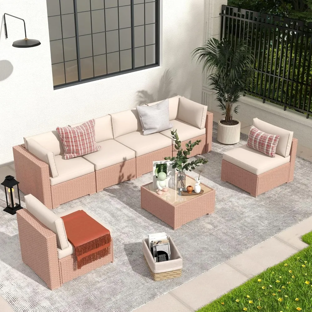 Patiorama 7 Pieces Outdoor Patio Furniture Set, All Weather Grey PE Wicker Rattan Sectional Conversation Set, Porch Garden