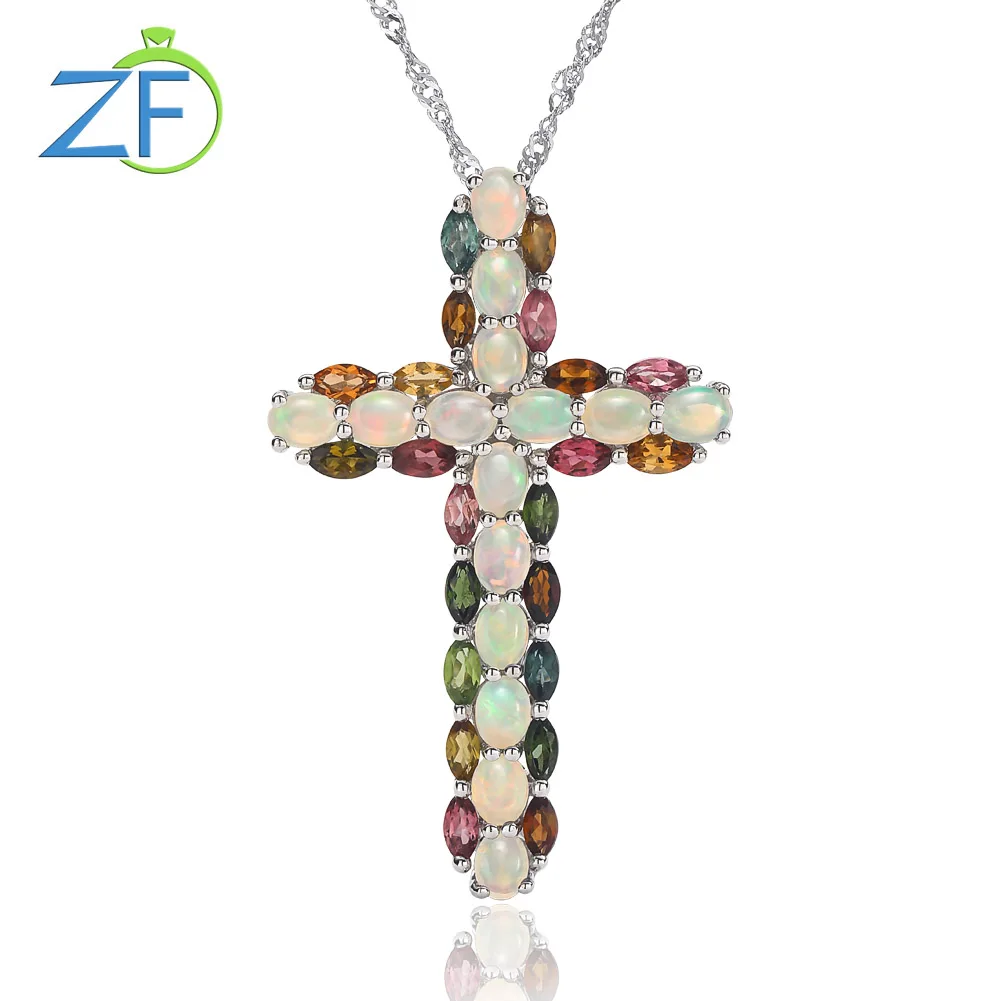 GZ ZONGFA Real 925 Sterling Silver Cross Pendant For Women Natural Opal Tourmaline Mixed Color Gems 3.7ct Necklace Fine jewelry