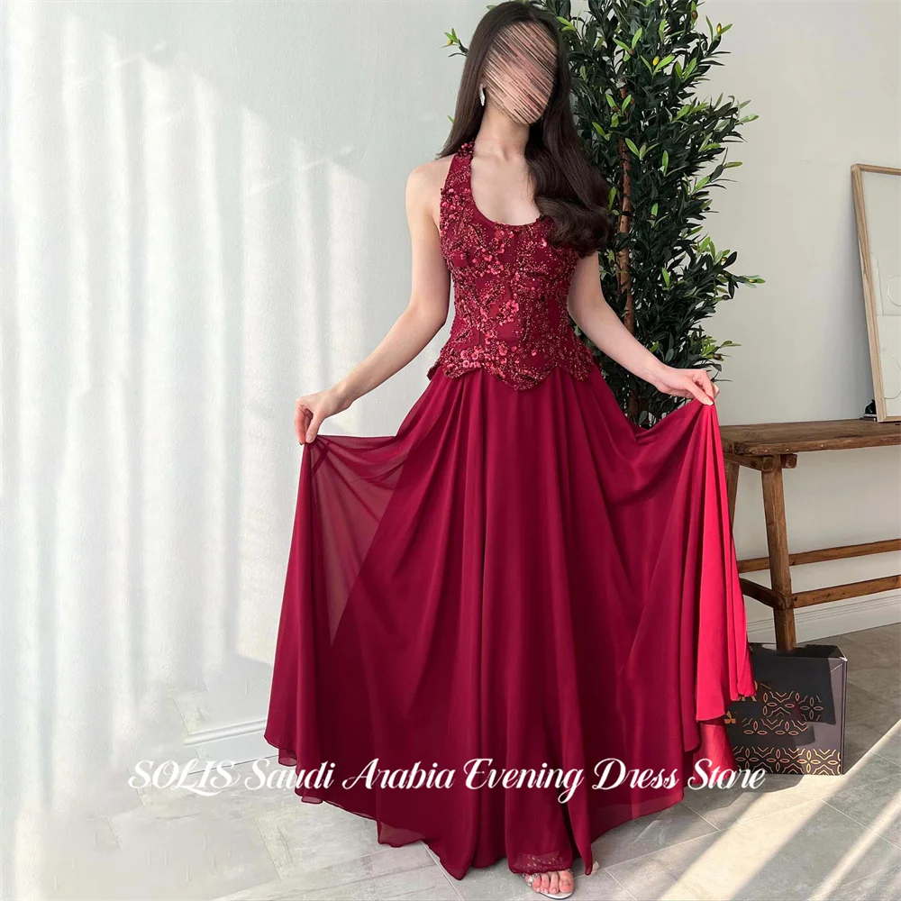 

SOLIS Red Evening Dress Halter Neck Formal Gown Sexy Open Back Night Dresses Sequins Embroidery Prom Dresses Flowing Customized