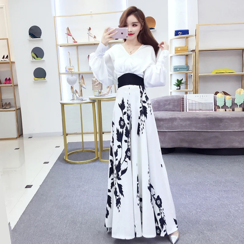 2022Spring Summer Suit Two-Piece Women Loose Long Sleeve Blouse With High Wasit Pants Set Shirt + Printed Wide-leg Culottes Lady