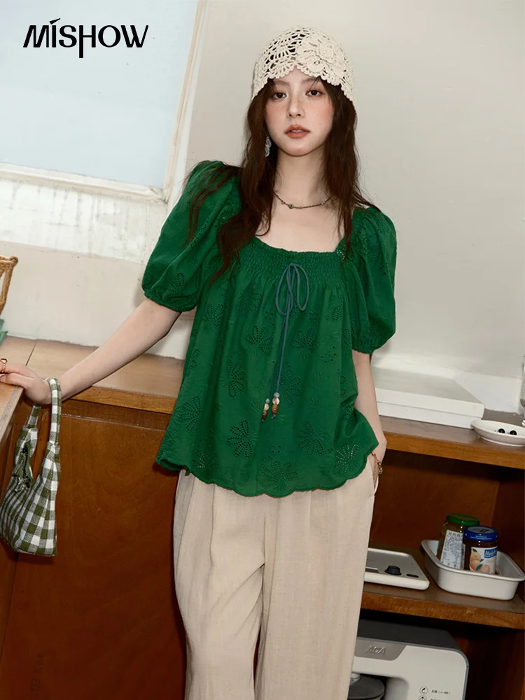 

MISHOW Women's Fashion Hollow Embroidery Blouse 2025 Summer New Puff Sleeve Square Neck Lace Up Top Ladies Clothing MXE39X1879
