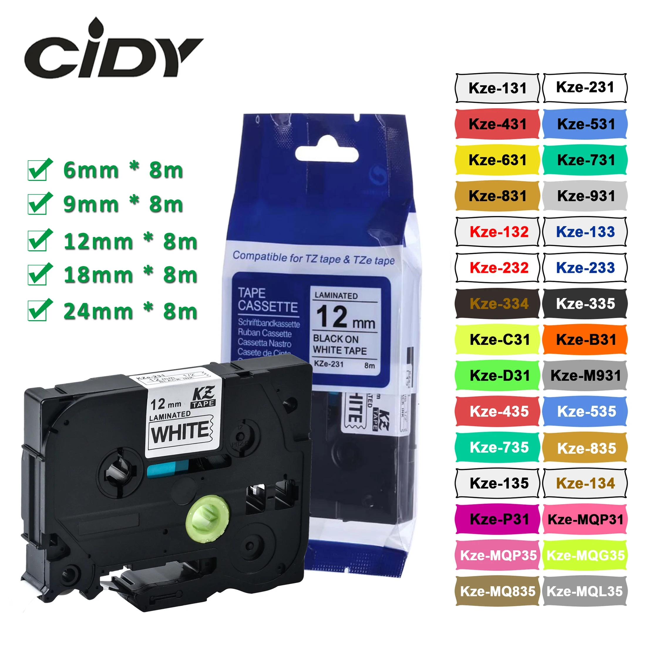 CIDY תואם TZ-231 TZ 231 TZe131 למינציה דבק tze631 tz-335 221 241 251 תווית קלטת P מגע שחור על לבן 431 531