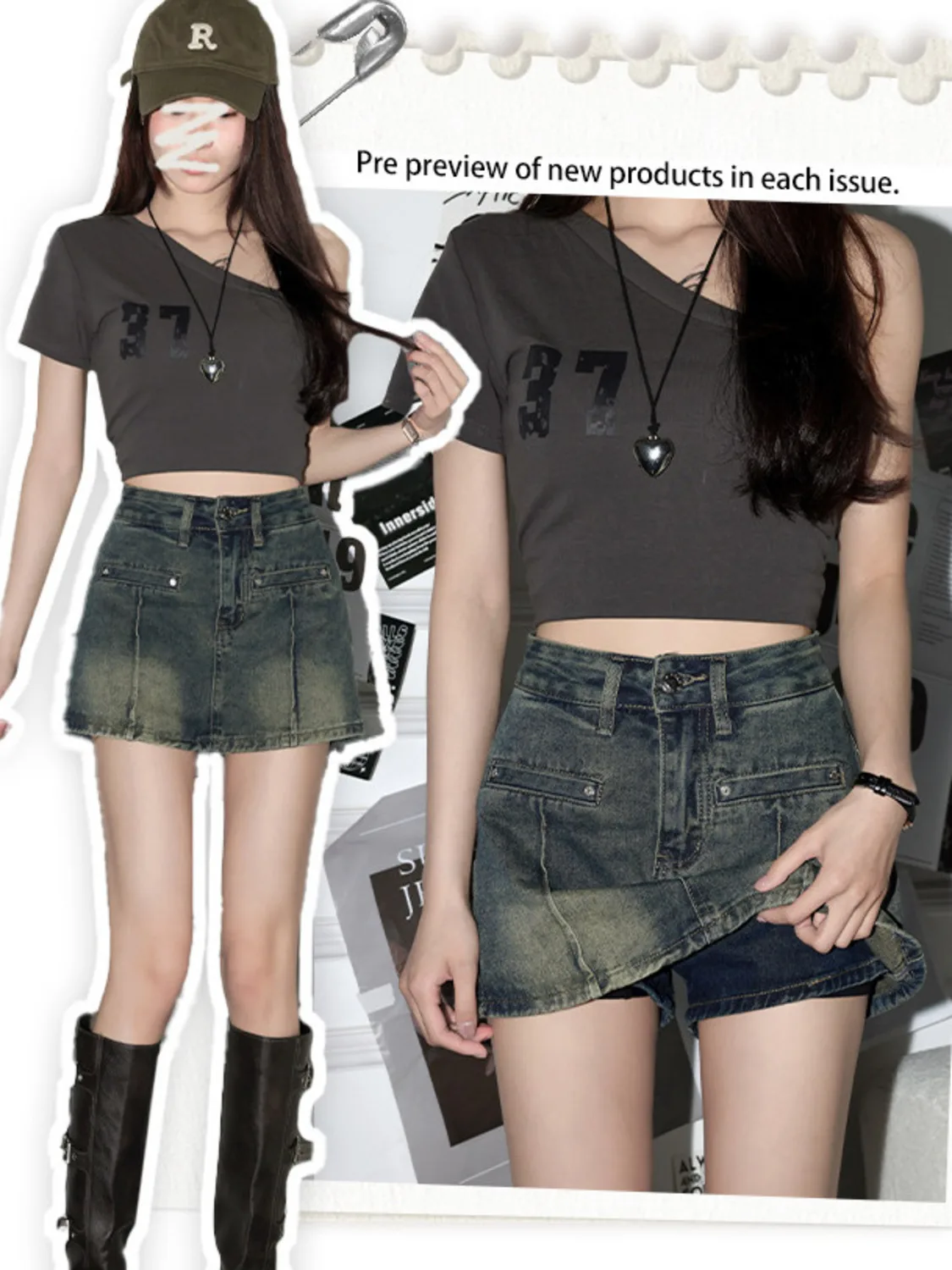 Obrázek 7: Dámská vintage mýt džínové skort vysoký pás distressed Y2K sukně šortky nýt kapsa