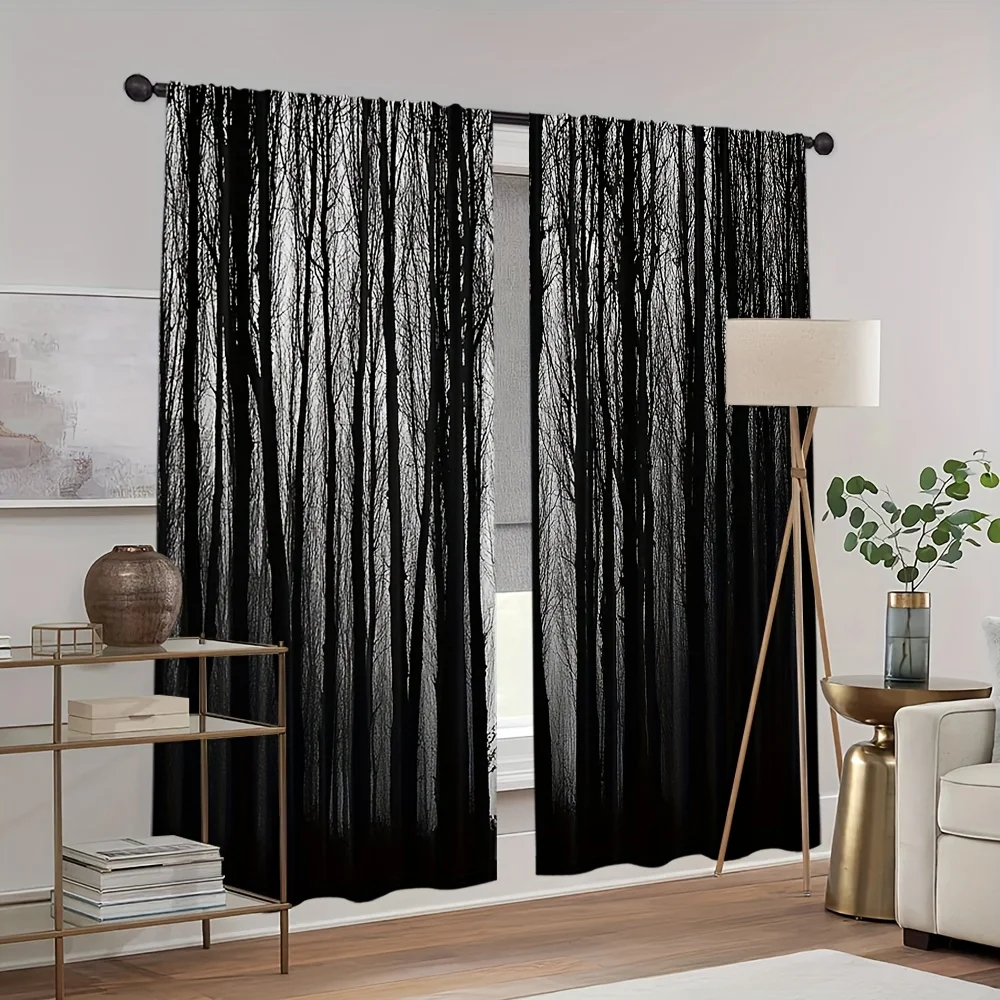2PC Gothic Black Forest & Pine Curtains – Light-Filtering Polyester, Pocket Rod Top for Bedroom & More